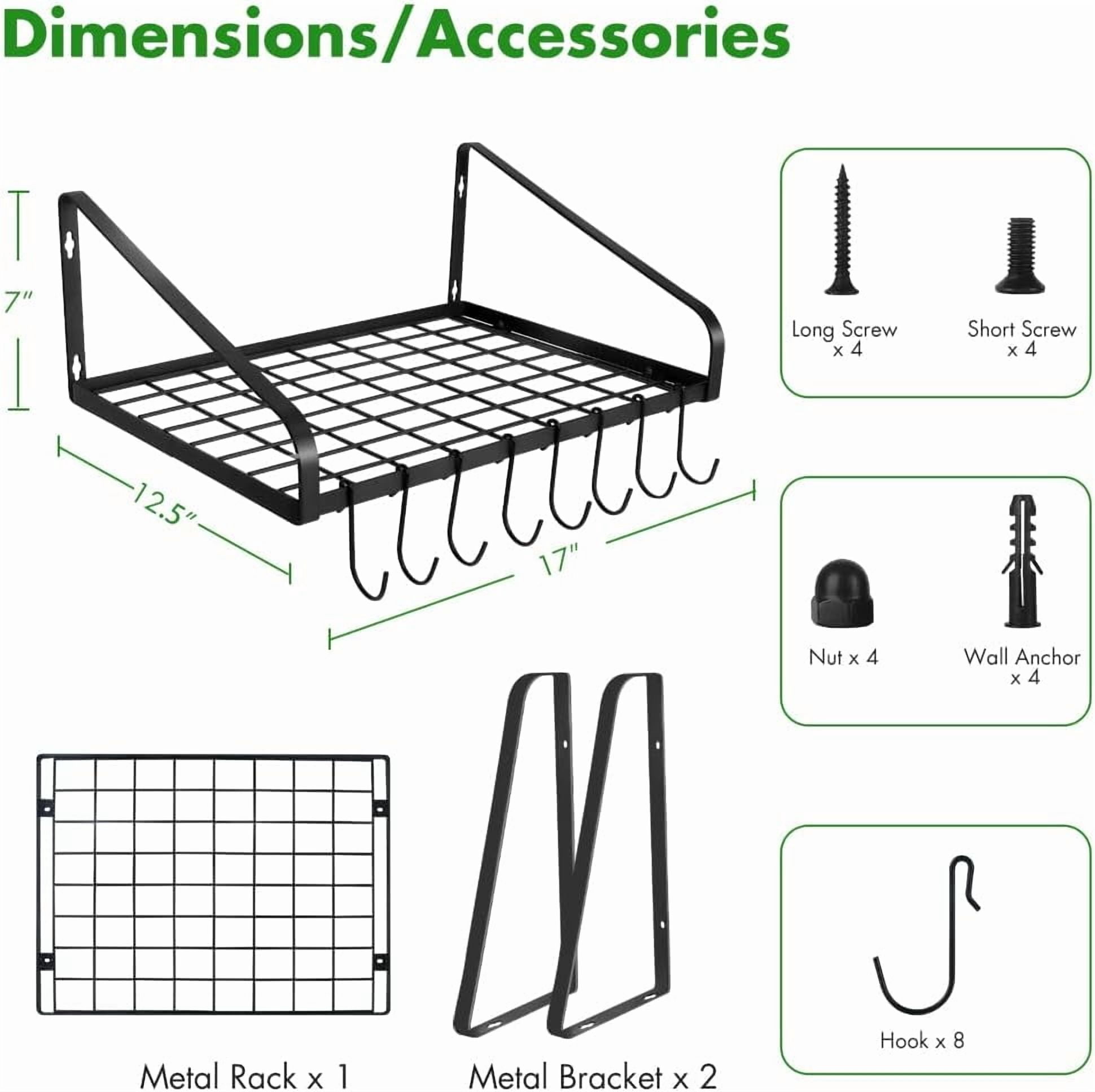 ZHOHO TANT Black Steel Wall Mounted Hanging Pot Rack with 8 Hooks for Kitchen Cookware and Utensils, 2 DIY Methods — image 2 of 7