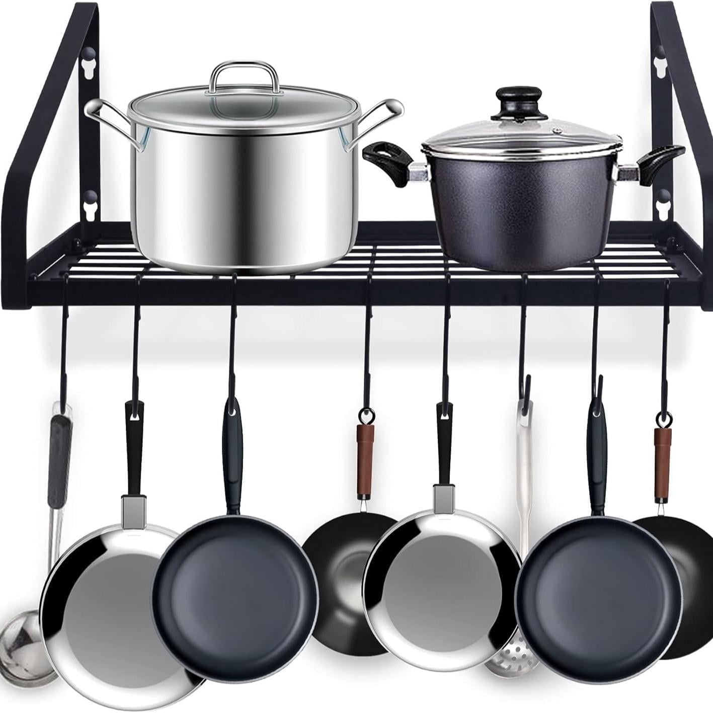 ZHOHO TANT Black Steel Wall Mounted Hanging Pot Rack with 8 Hooks for Kitchen Cookware and Utensils, 2 DIY Methods