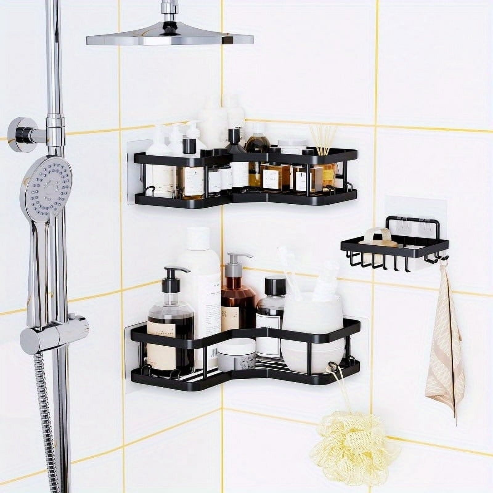 3/5 Pack Corner Shower Caddy 3 Pack Corner Shower Shelf with Adhesive Hooks and Soap Holder Stainless Steel Shower Organizer Corner Shelf Rack for Bathroom Storage(Black)