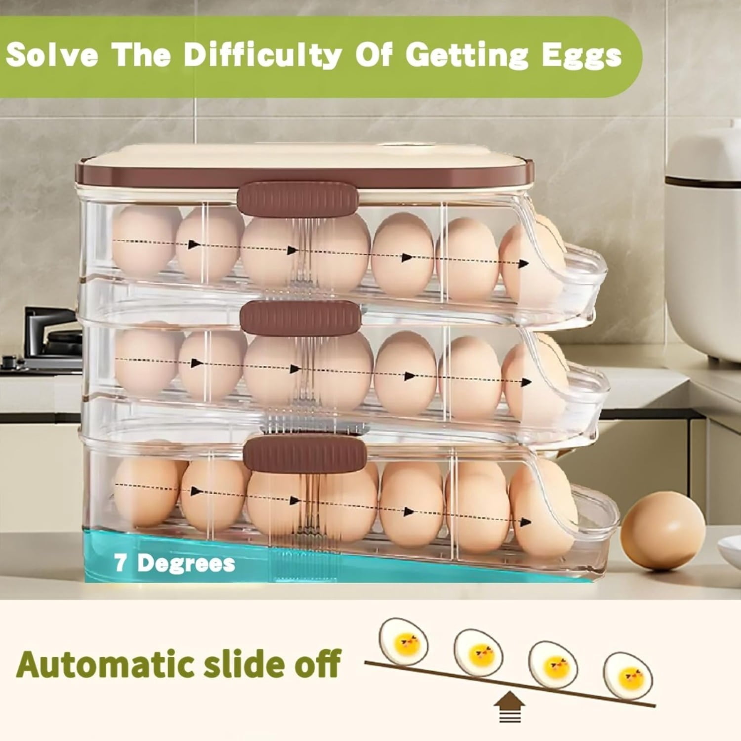 Clear Stackable 3 Tier Automatic Rolling Egg Dispenser With Handle — image 3 of 6
