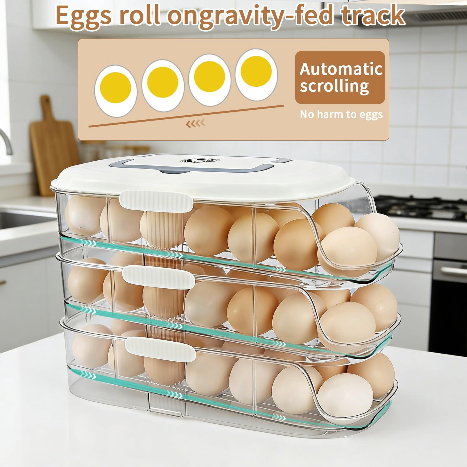 Clear Stackable 3 Tier Automatic Rolling Egg Dispenser With Handle White — image 2 of 9