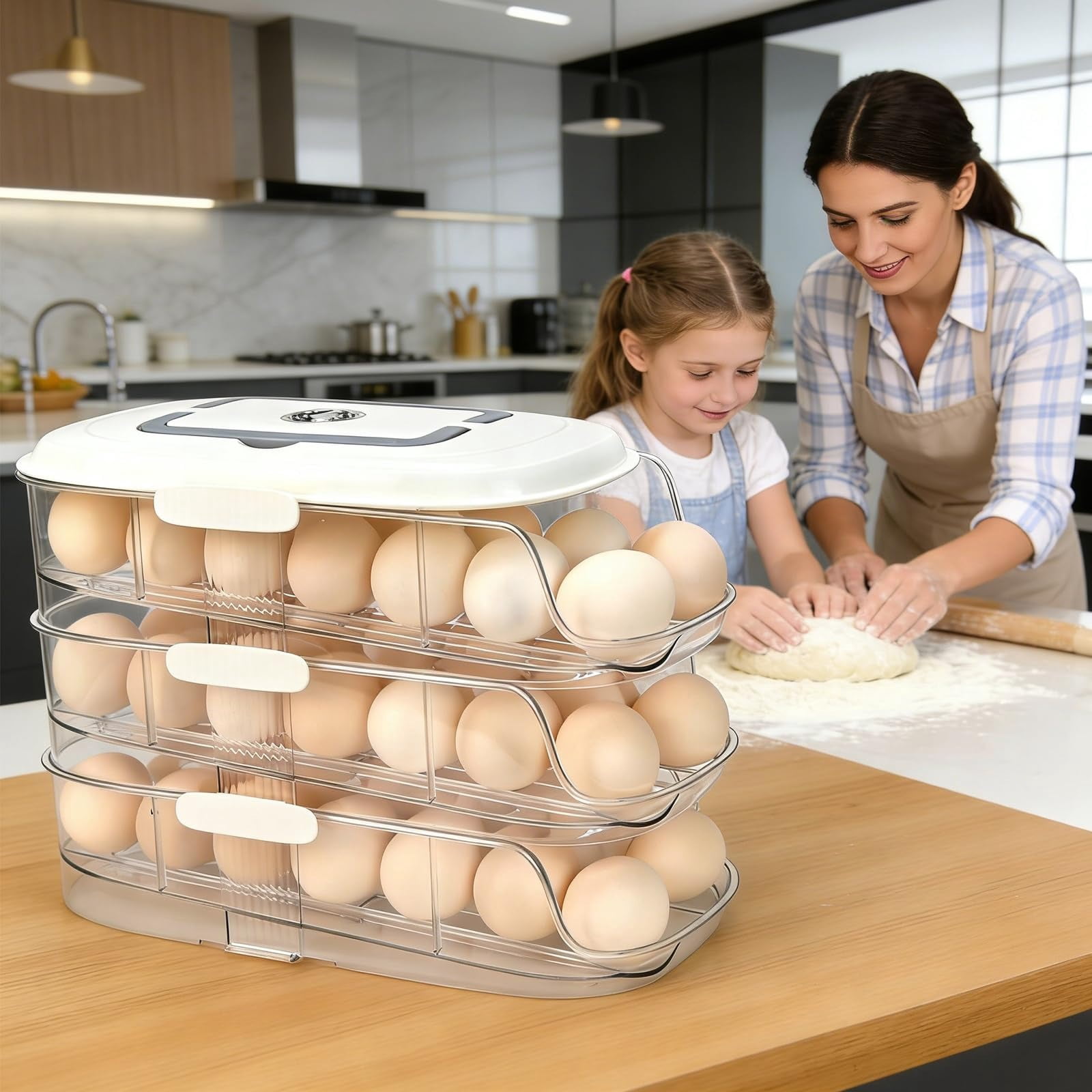 Clear Stackable 3 Tier Automatic Rolling Egg Dispenser With Handle White — image 7 of 9