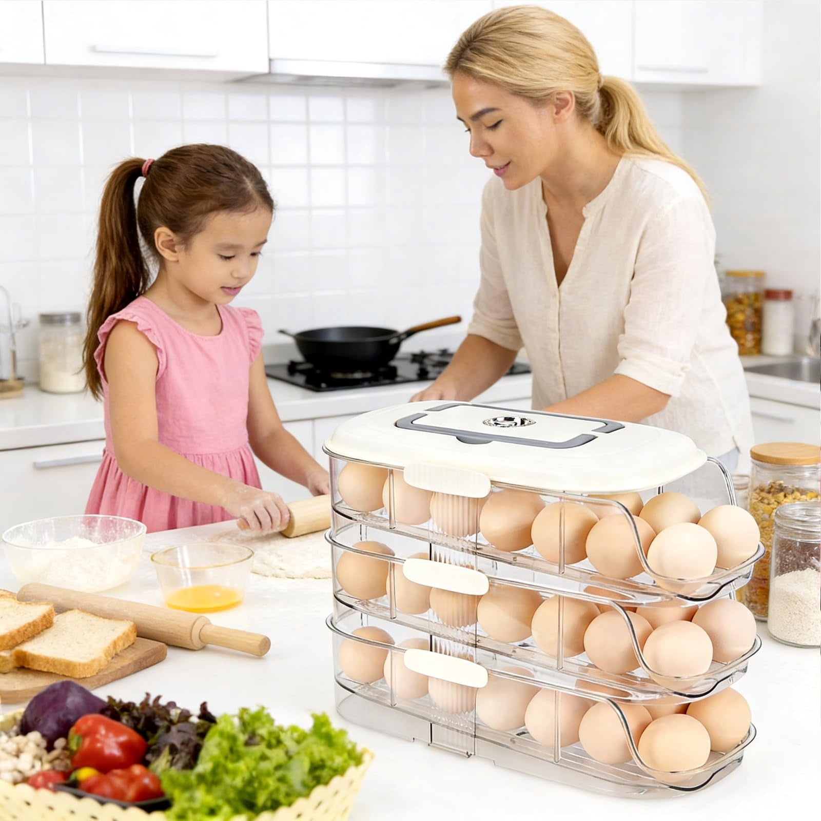 Clear Stackable 3 Tier Automatic Rolling Egg Dispenser With Handle White — image 9 of 9