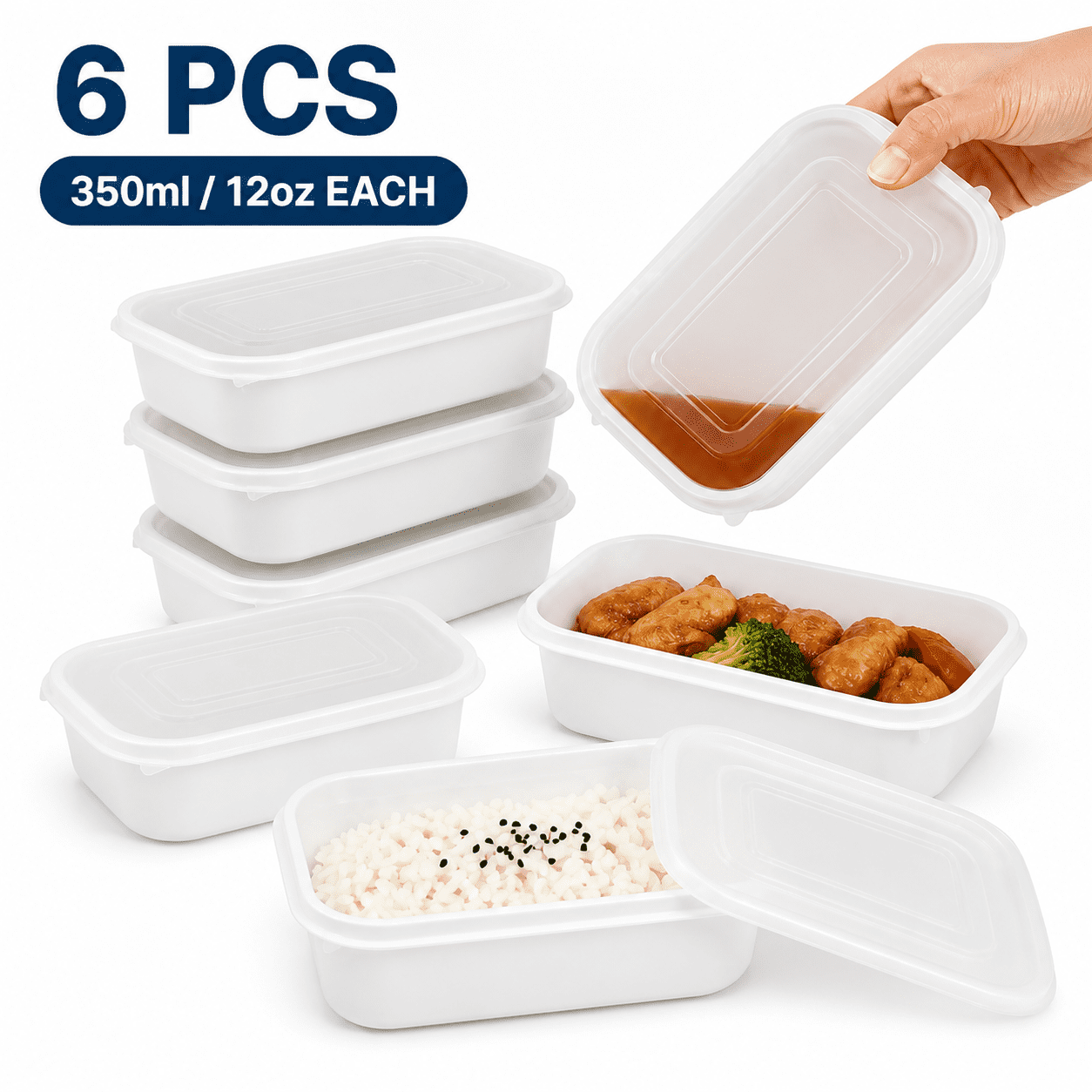 6pcs 12oz Food Grade Plastic Meal Prep Container Square Freezer Fridge Storage Box with Clip Lid for Meat Vegetables Leftovers Space Saving Dishwasher Safety