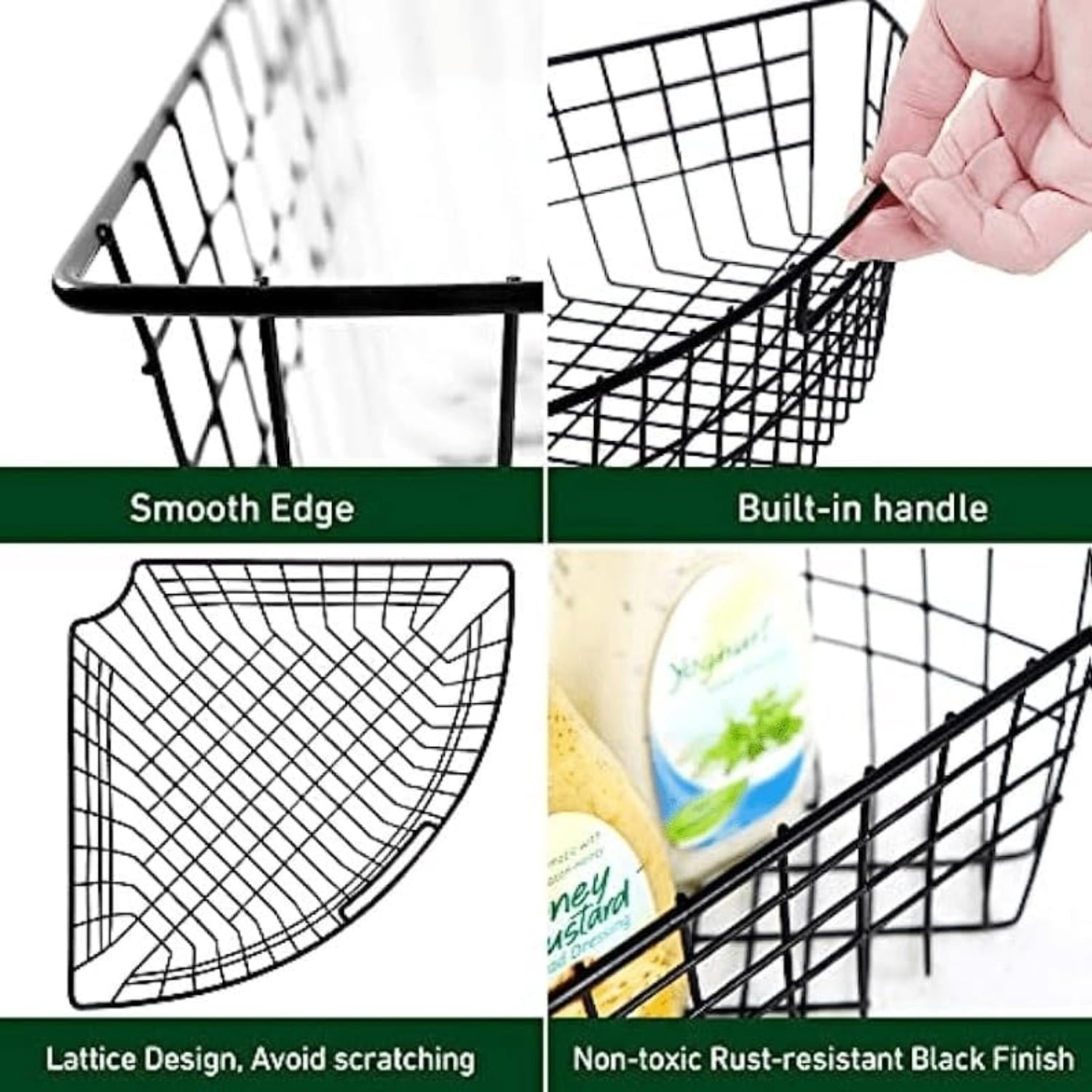 2/4 Pack Metal Lazy Susan Organizer Baskets with Handles – 1/4 Wedge Wire Storage Bins for 24" Lazy Susan Turntable, Kitchen Cabinet & Pantry Organizer, Black — image 4 of 7