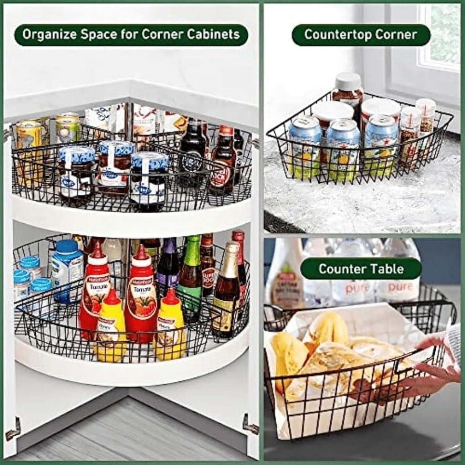 2/4 Pack Metal Lazy Susan Organizer Baskets with Handles – 1/4 Wedge Wire Storage Bins for 24" Lazy Susan Turntable, Kitchen Cabinet & Pantry Organizer, Black — image 6 of 7