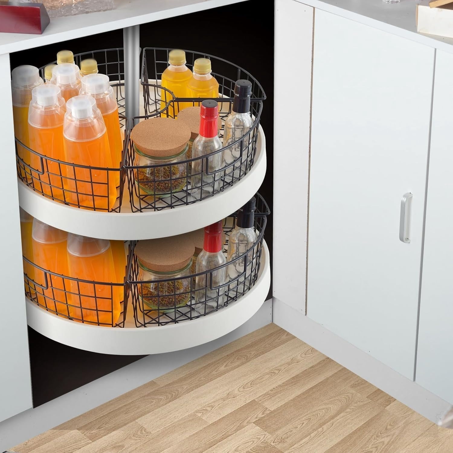2/4 Pack Metal Lazy Susan Organizer Baskets with Handles – 1/4 Wedge Wire Storage Bins for 24" Lazy Susan Turntable, Kitchen Cabinet & Pantry Organizer, Black — image 7 of 7