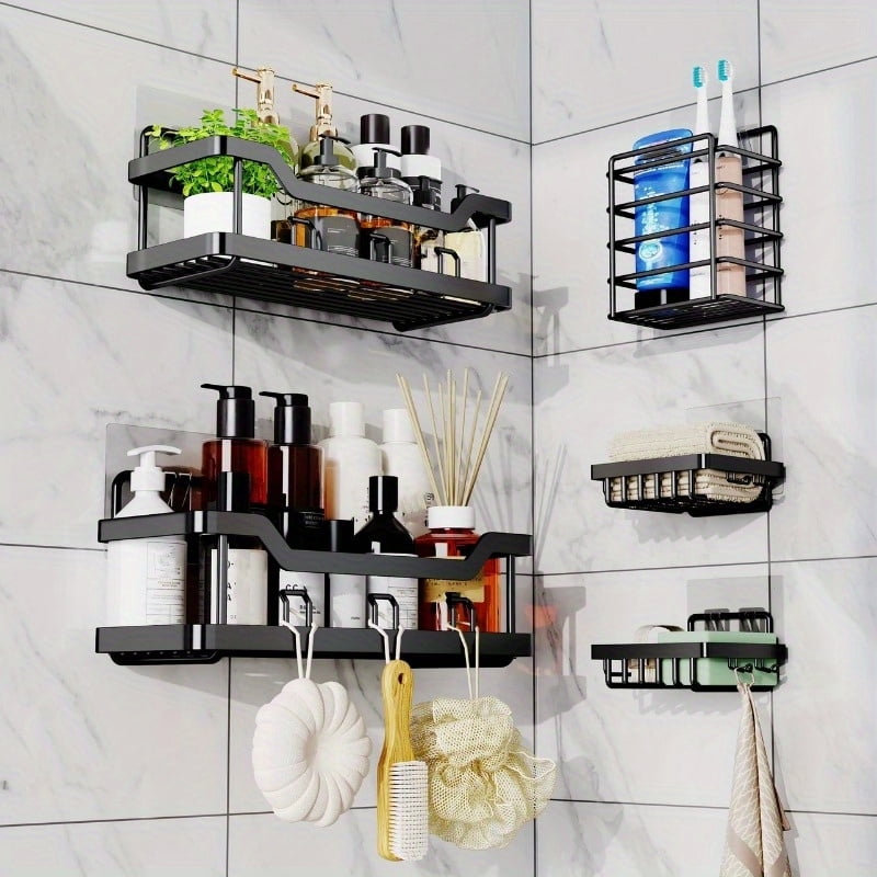 3/5 Pack Corner Shower Caddy 3 Pack Corner Shower Shelf with Adhesive Hooks and Soap Holder Stainless Steel Shower Organizer Corner Shelf Rack for Bathroom Storage(Black)