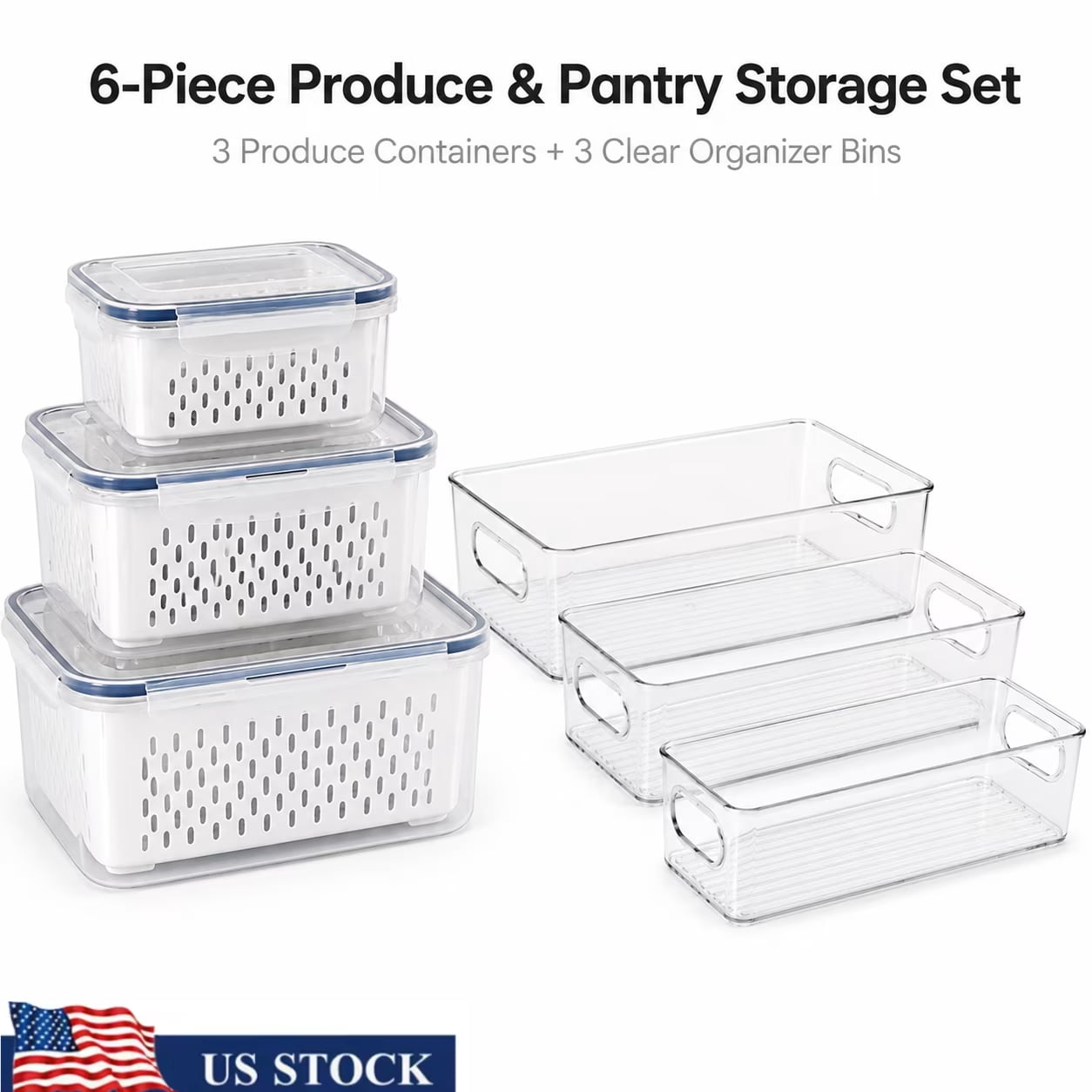 6 Pack Fridge Organizer Bins and Produce Containers, 3 Airtight Fruit Storage Containers with Removable Colanders, 3 Clear Pantry Bins with Handles for Refrigerator, Kitchen and Food Storage
