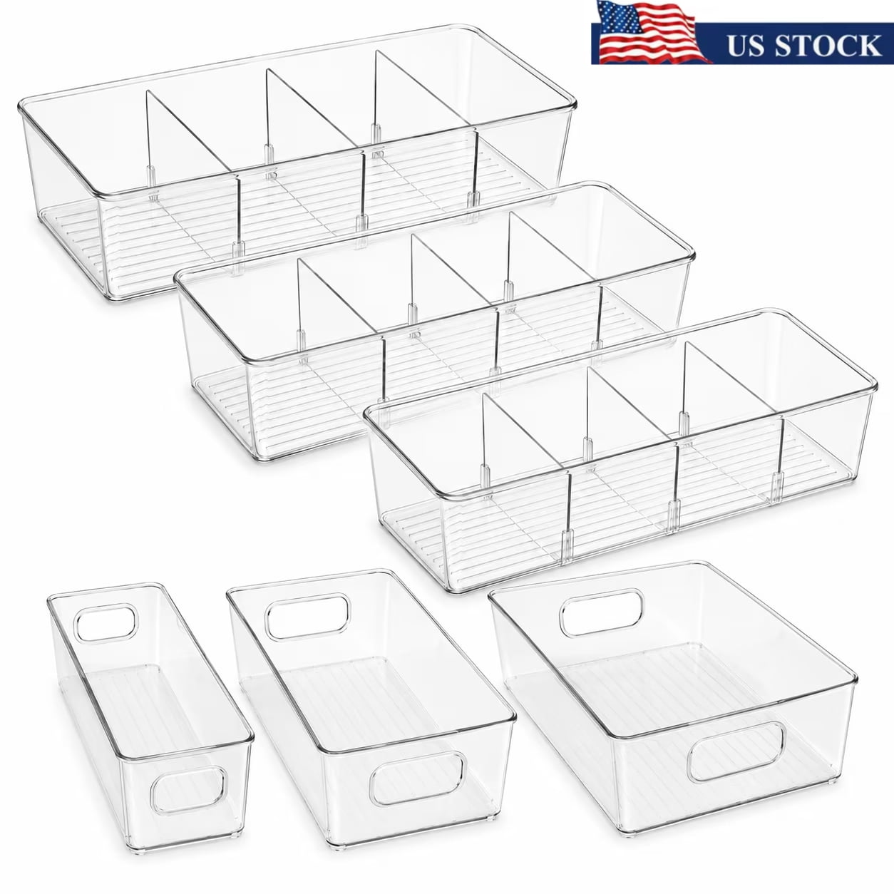 6 Pack Clear Organizer Bins for Fridge and Pantry, 3 Divided Storage Bins with Removable Dividers and 3 Multi-Size Bins with Handles, Plastic Organization Containers for Kitchen, Cabinet a