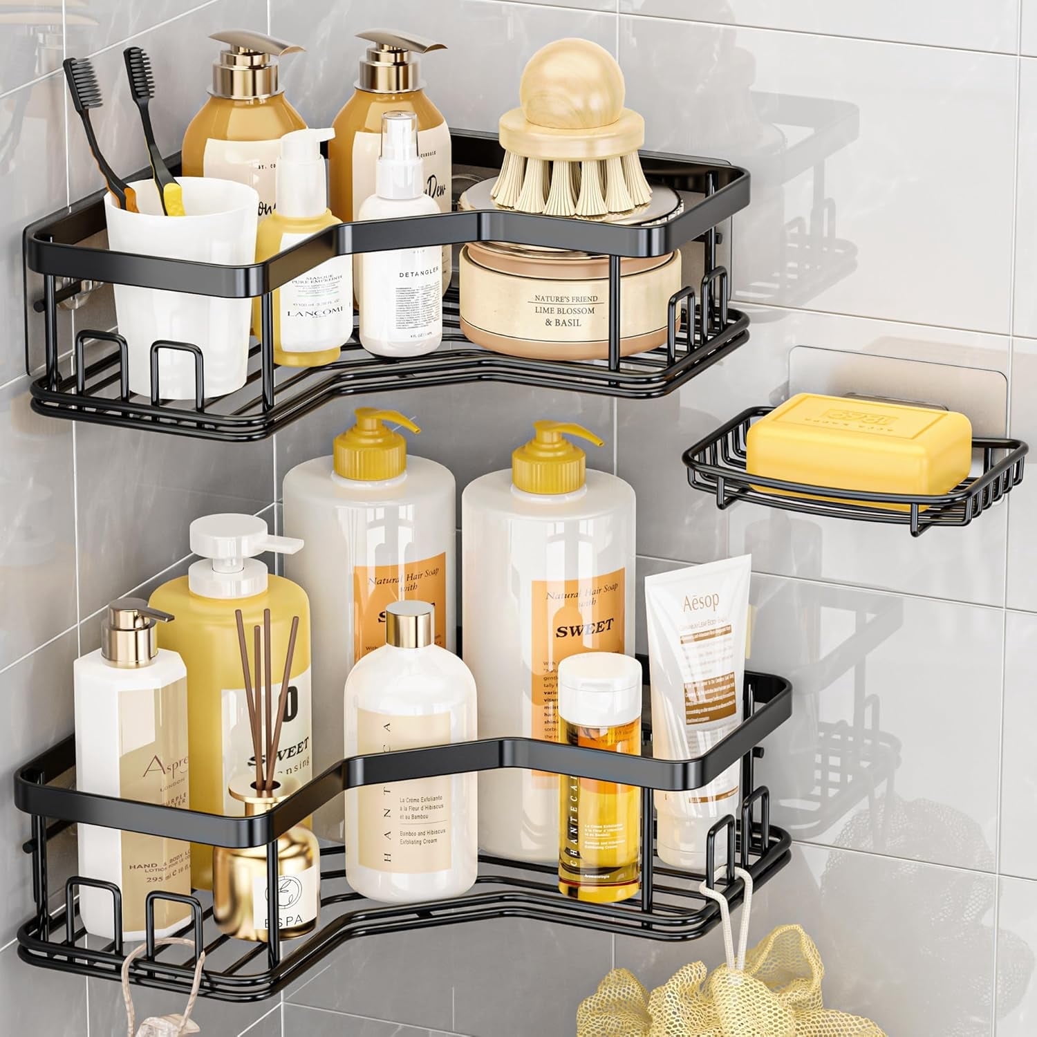 ZHOHO Adhesive Corner Shower Caddy with Soap Holder & 8 Hooks, Wall Mounted Organizer for Bathroom, Black, 3-Pack