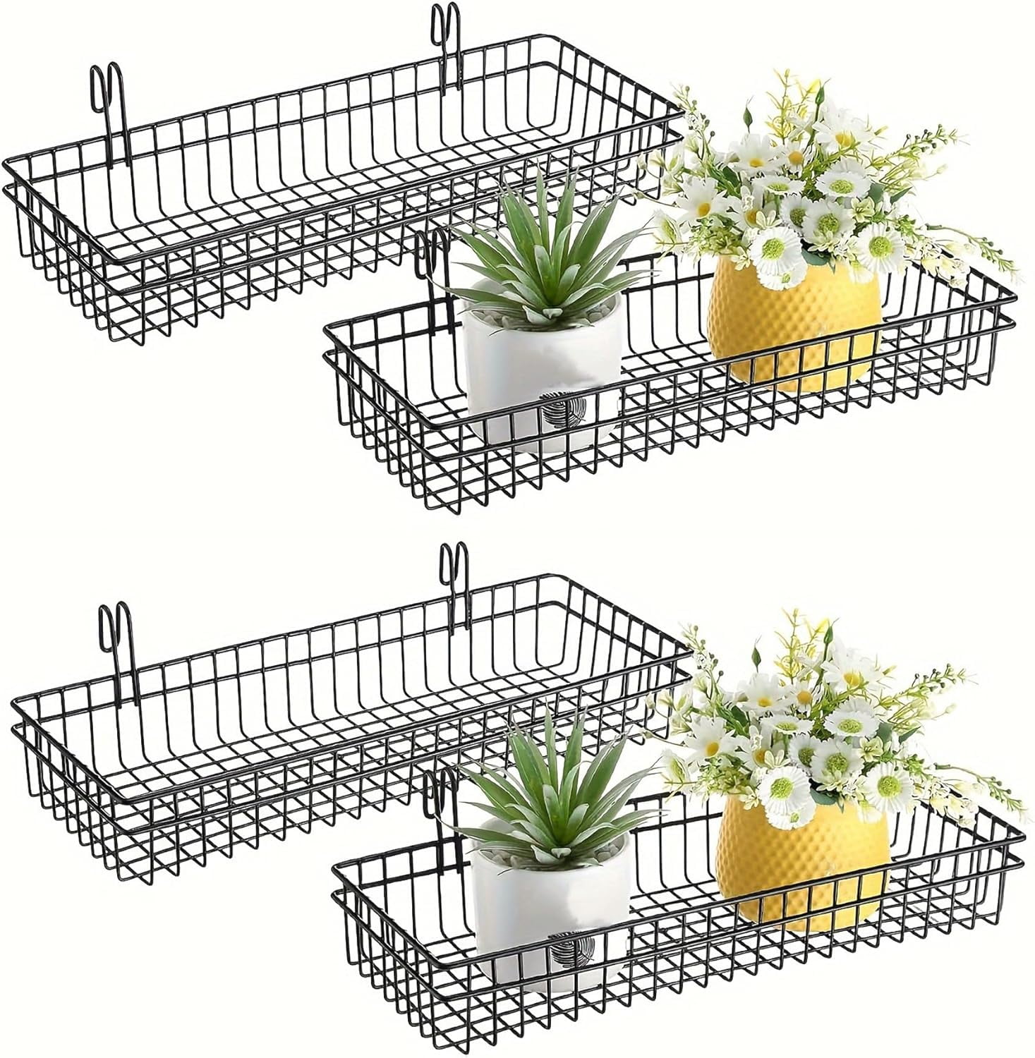4 Pack 15.75 x 6 x 2.36 Inch Metal Grid Wall Baskets with Hooks, Hanging Wire Grid Basket, Multi-Function Wall Mounted Organizer for Kitchen Garden Organizing Display, Black