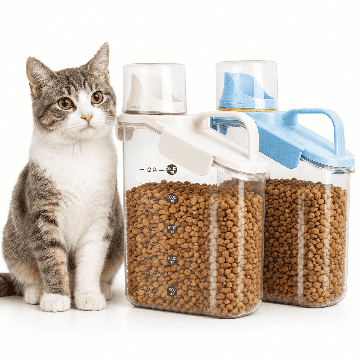 2 Pack 2.8L 94oz Airtight BPA Free Dry Pet Food Storage Dispenser with Measuring Cup and Pour Spout (Blue & White)