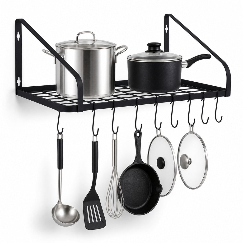 ZHOHO TANT Black Iron Wall Mounted Pot Rack With S Hooks, Heavy Cookware Organizer Shelf