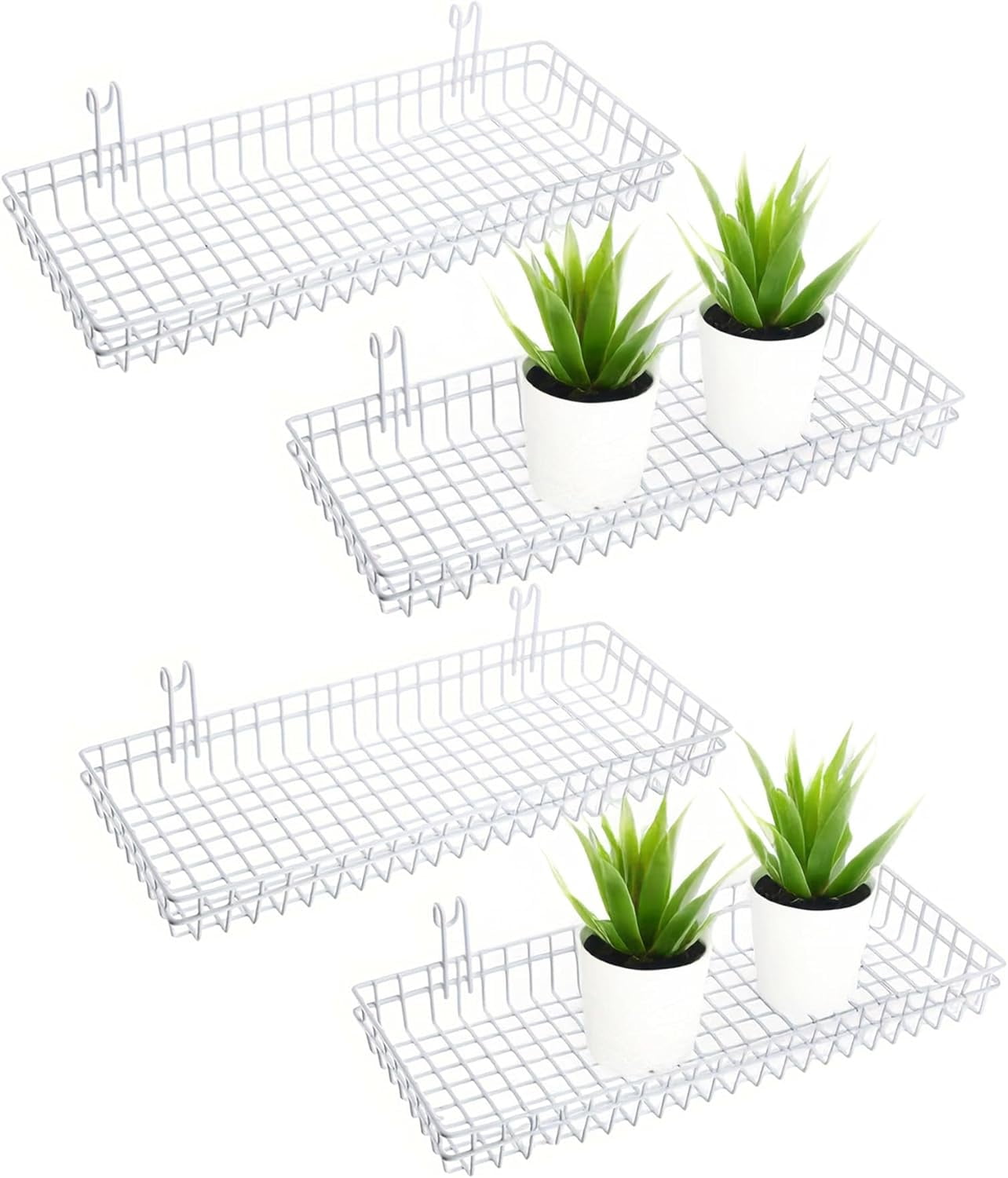 4 Pack 15.75 x 6 x 2.36 Inch Metal Grid Wall Baskets with Hooks, Hanging Wire Grid Basket, Multi-Function Wall Mounted Organizer for Kitchen Garden Organizing Display, Black